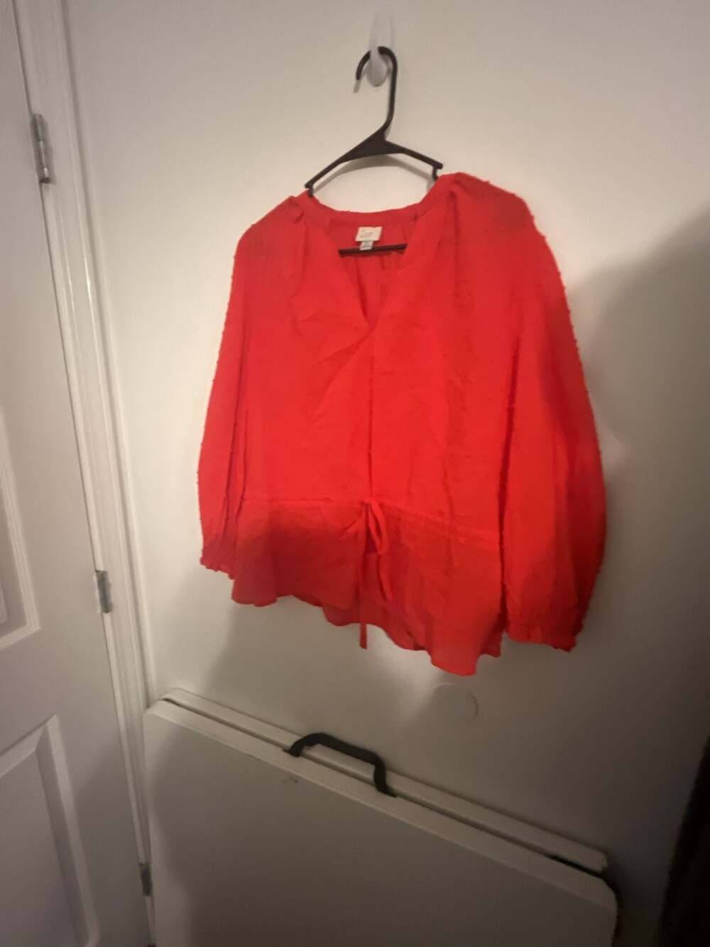 A New Day Red Swiss Dot V-Neck Long Sleeve Tie Waist Peplum Blouse